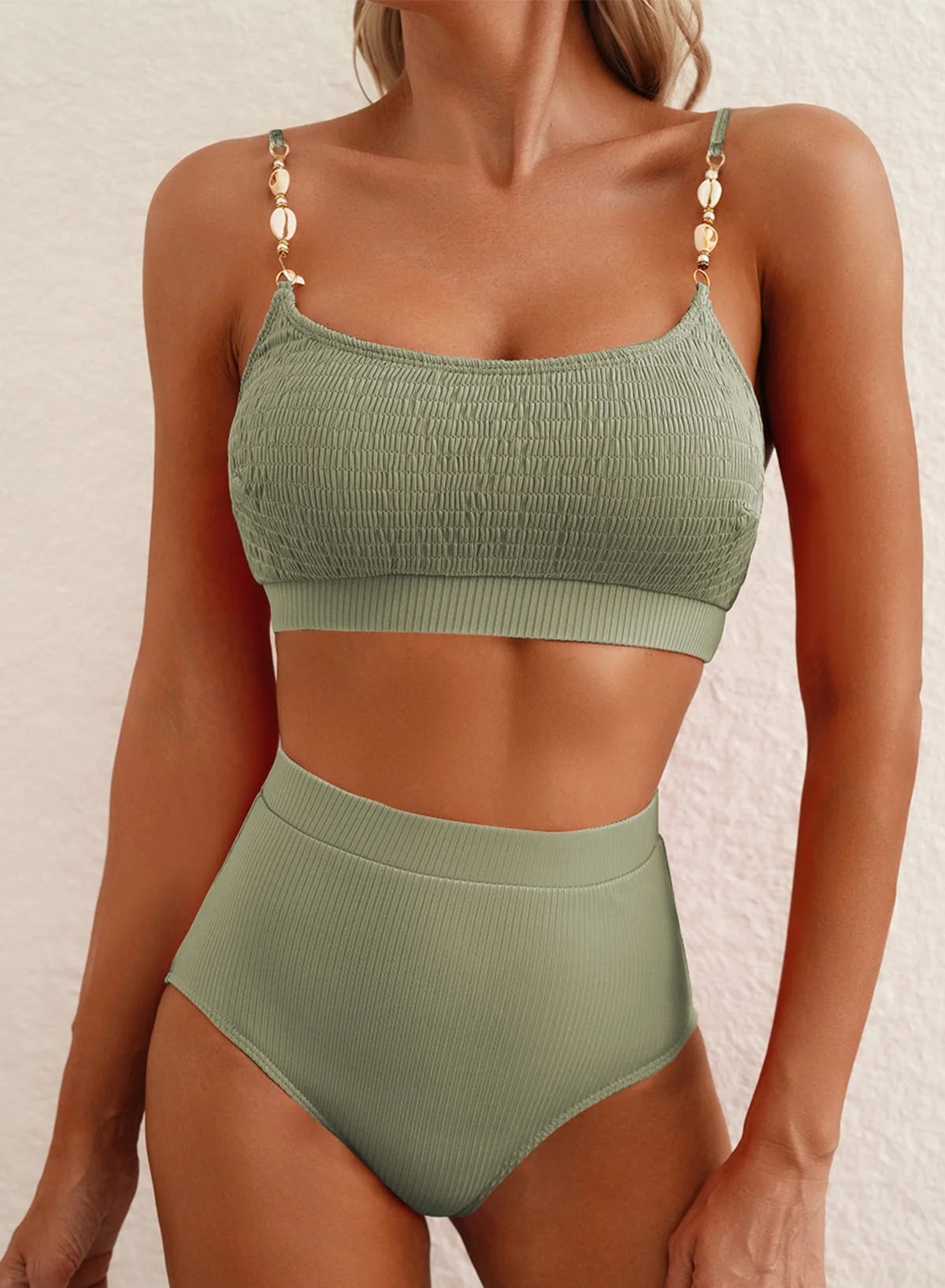 Women'S Bikini Swimsuit Shirred Solid Color 2 Piece High Waisted Swimsuit Scoop Neck Adjustable Shell Strap Bathing Suits for Women Swimwear Bikini Set Green XL