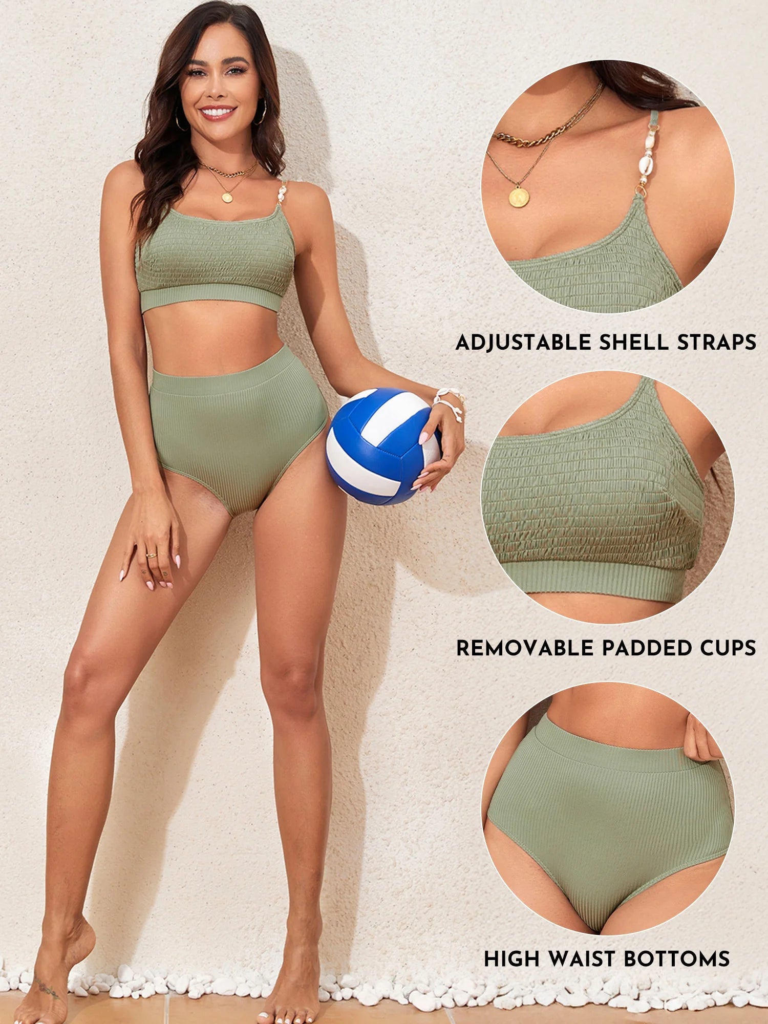 Women'S Bikini Swimsuit Shirred Solid Color 2 Piece High Waisted Swimsuit Scoop Neck Adjustable Shell Strap Bathing Suits for Women Swimwear Bikini Set Green XL